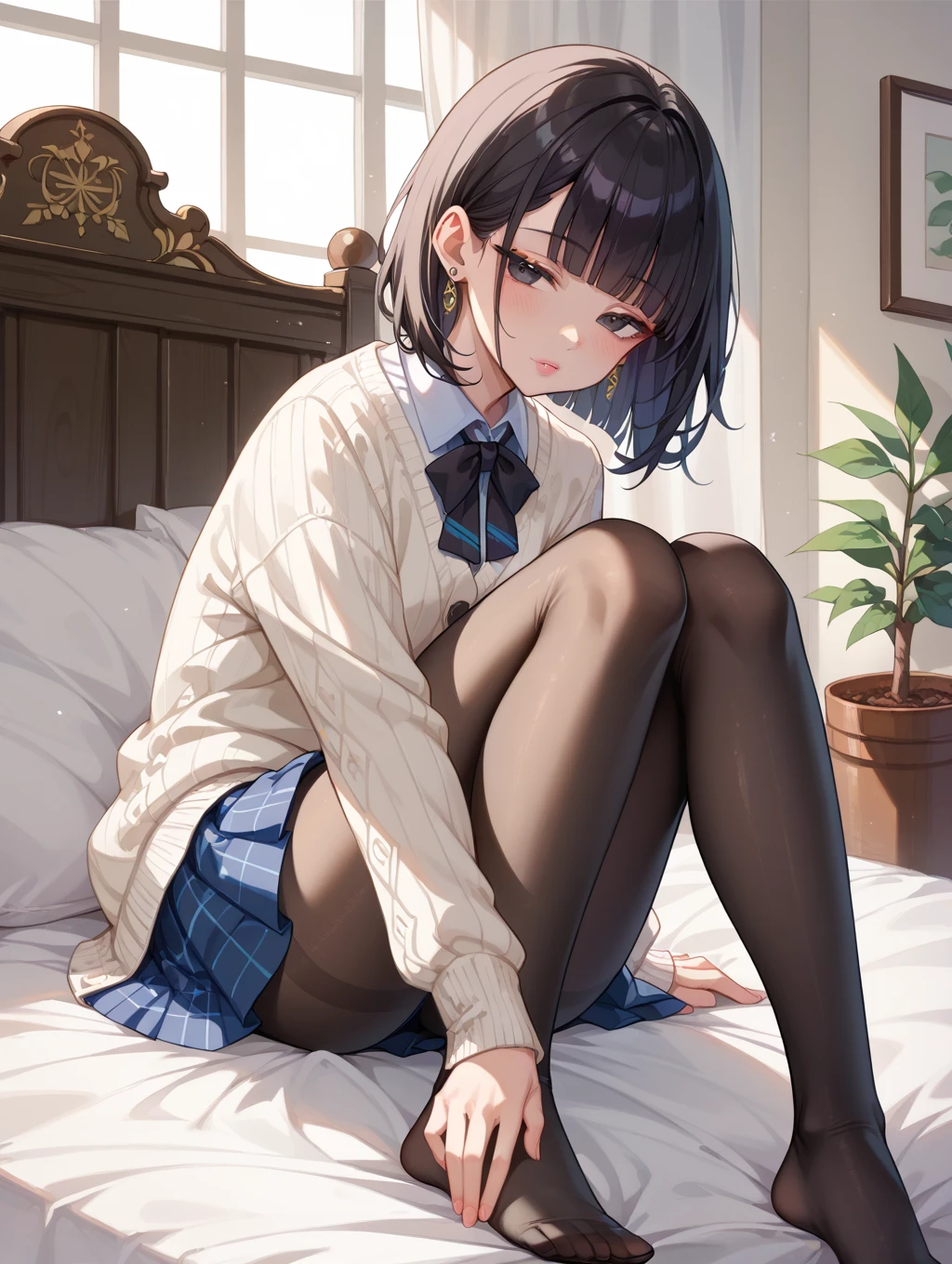 (wide shot:1.3),(best quality),((masterpiece)),(highres),illustration,original,extremely detailed,dbj,1girl,(Miyu Edelfelt),black hair,brown eyes,small chest,x hair ornament,solo,expressionless,book,pantyhose,long hair,shirt,no shoes,(spread legs),sitting,cat,plant,brown eyes,solo,indoors,bow,bookshelf,potted plant,bowtie,white shirt,looking at viewer,black hair,black pantyhose,chair,smile,wooden floor,dress shirt,no pants,thighband pantyhose,armchair,lamp,long sleeves,sparkle,collared shirt,cleavage,bangs,small chest,couch,