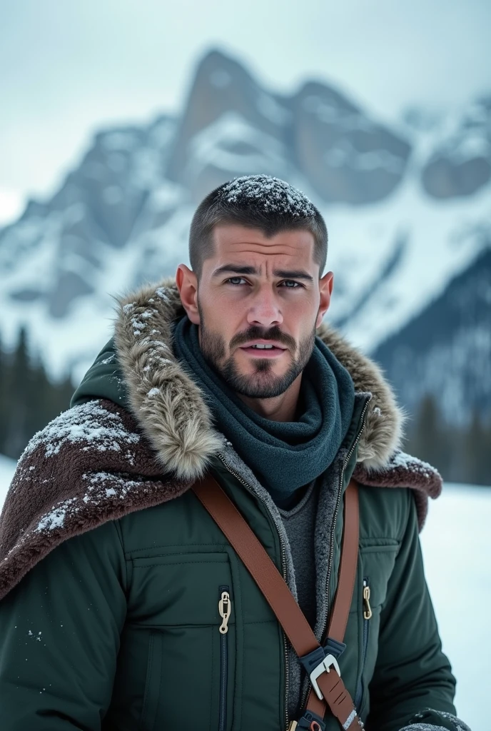Real image of a handsome 30 year old athletic Turkish man without a shirt, with a black fur coat, wearing white tailored pants posing sexy with one hand behind looking serious at the camera. a mountain stream behind, arid and snowy area. Landscape of Mendoza Argentina.