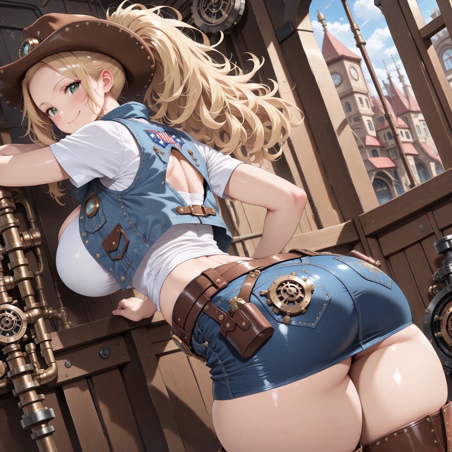 anime girl, toned, perfect breasts, fit body, perfect ass, golden braided hair, Smiling, brown eyes, standing up, steampunk factory, bottom view, ((steampunk style)), bokeh, tight sexy clothing