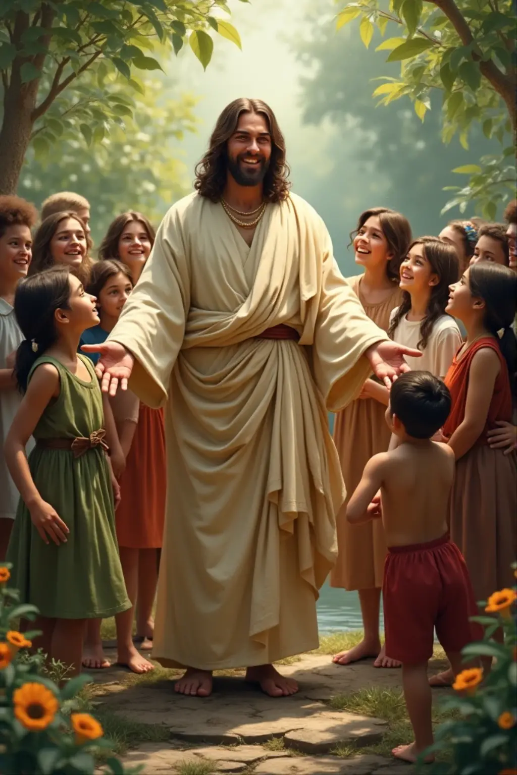Creating Jesus with a hand pointing to a child, sitting on a rock with white-skinned children on his lap and women bringing the children to Jesus,  and around him men and women dressed in biblical-style robes in a city of ancient Jerusalem, with details of nature in the style of Disney Pixar.