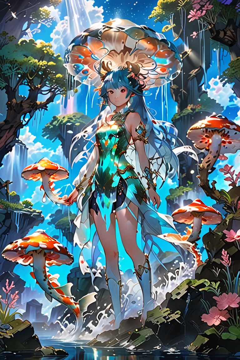 Shy girl，A coquettish expression，Ice blue antlers，White flowers，Green hair，Flowers wrapped around the chest，demihuman, Half deer，anthropomorphic character，Deer spirit，The lower body is a deer，The upper body is the human body，no clothes are worn，Shaded with vine flowers and leaves，Proportional mop for long hair，Disney  style，pastel colour，divine cinematic edge lighting，Natural lightrealistic lighting and shading，Ray traching，best qualtiy，super detailing --auto