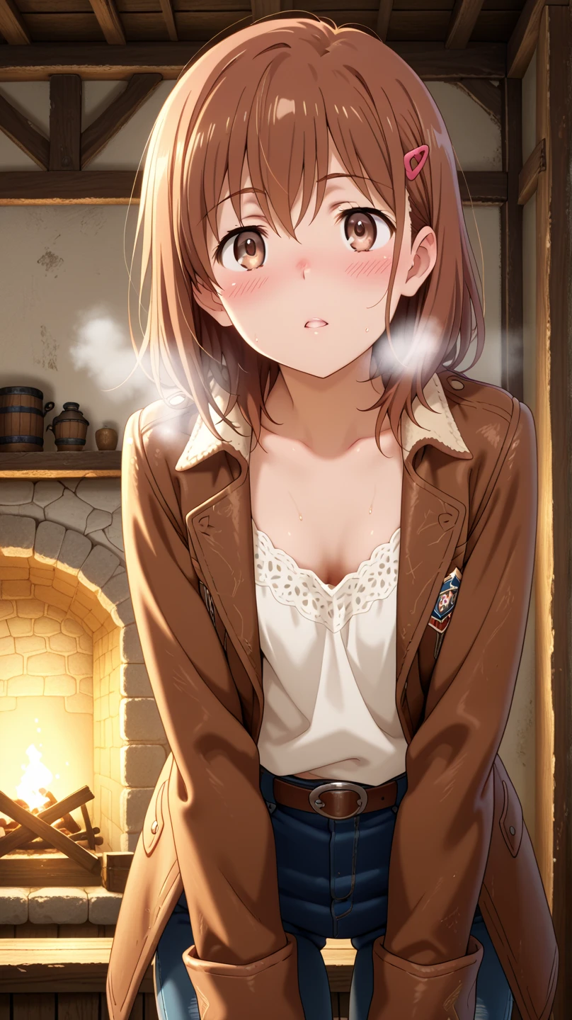 (masterpiece, best quality), female geriatric, athletic, polynesian, ruby red eyes, round nose, unusual chin, blunt jaw, square face shape, costume makeup , light auburn long layers hair, boredom wearing denim jumpsuit, bralette, mules, , lying on side with raised leg, lying on the side with a raised leg, creating an intimate and captivating pose, candlelit dinner, the glow of candles during a romantic dinner, creating an intimate and passionate atmosphere, a cozy living room with a crackling fireplace and comfortable seating