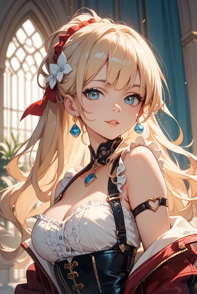 photo realistic, (masterpiece,best quality:1.4),(8k,raw photo,photo realistic:1.2), detailed skin, detailed face,1girl, Princess, cute face, Not Safe for Work, (raw photo, photo realistic: 1.2), 
(((half updo))), blue eyes, (blonde hair), light smile, shiny wavy hair, sidelock, curtsey, (Pink ballgown), Pink Princess doress, shortsleeves, a smile, red blush, Doress, Hair Between Eyes,  Puffy Sleeves, Bangss, (tiara), (necklace), (bridal gauntlets), frilld, : q, masterpiece, top-quality, not safe for work, 14-yo, braided bangs, 
pastel color, yellow background,
