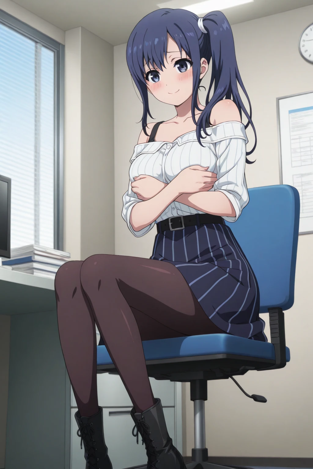 Stema Peace、hanekawa tsubasa、attack of glasses、A dark-haired、large boob、 (Black hair, Brown eyes, Round face),With ribbon, (nose blush, half opened eye),, [Full body shot]、eye glass、Head-to-toe shots、A dark-haired、
