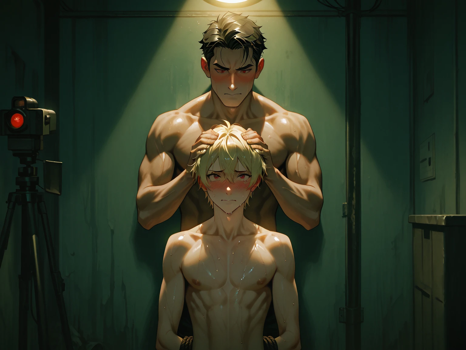 Two beautiful Young boys Presses against the young man's thighs, 17 years old, athletic build, ideal body, aesthetically beautiful, erotically tempting, seducing, offering himself With a beautiful sexy panties With round perfect buttocks, muscular, sweaty after a workout