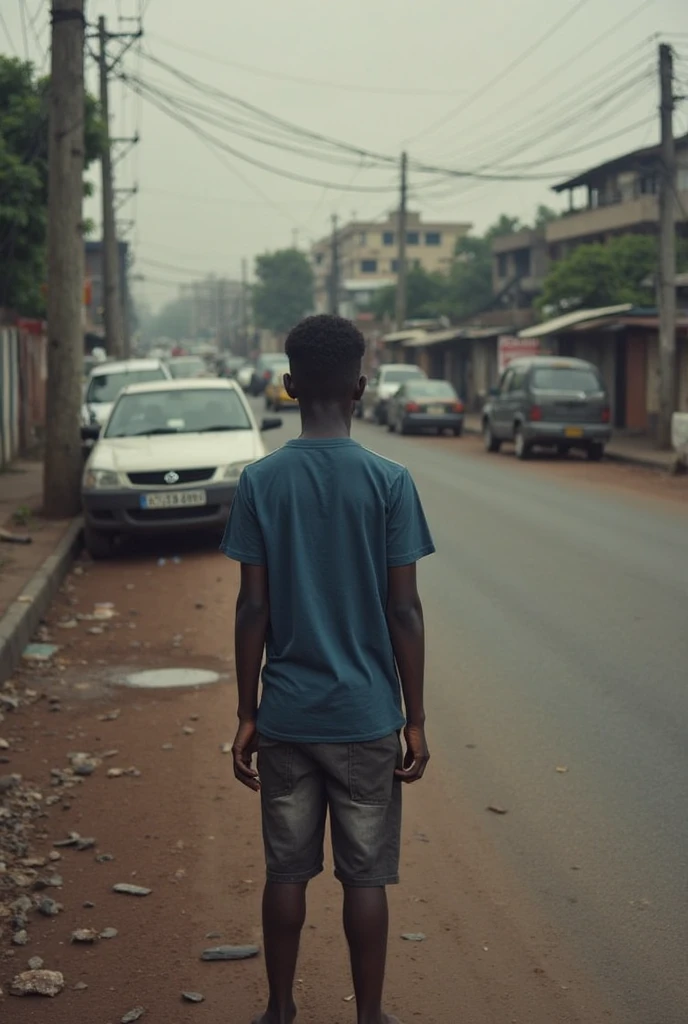 Image d’Assane, un jeune homme noir mince , assis seul au bord d’un chemin poussiéreux dans un petit village africain. Le ciel est nuageux, reflétant son désespoir. Image de haute qualité très détaillé