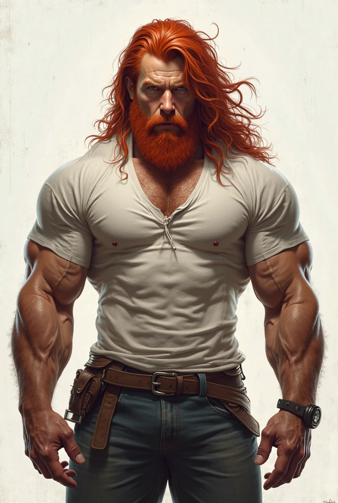 overview and full-body of a very muscular man with a thick long ginger beard, viking long hair haircut. His whole body is covered by a shiny red tight stretched smooth latex paint. The thick muscles are very noticeable.