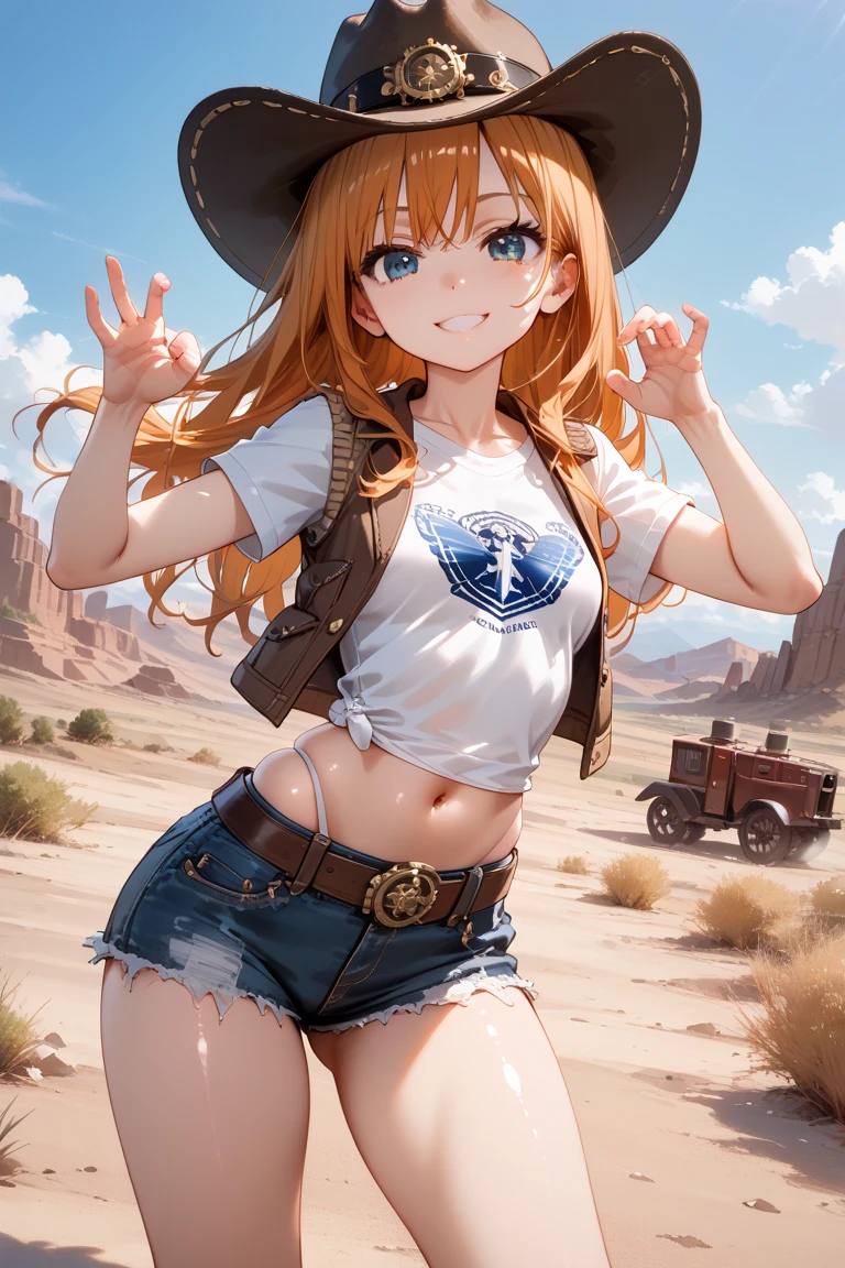 western drama，Caracar Desert，Cowgirl，Redhead，Braid，(Brown hot pants:1.6)，Gunman，Skin Belt，High Boots，Have，With a smile，Wink，Cute and sly，Stars and Stripes Bikini，Cowboy hat，Attractive thighs，Brown Skin，Hunchback，Brown Hot Pants，floor、Butt sticking out pose，Side angle