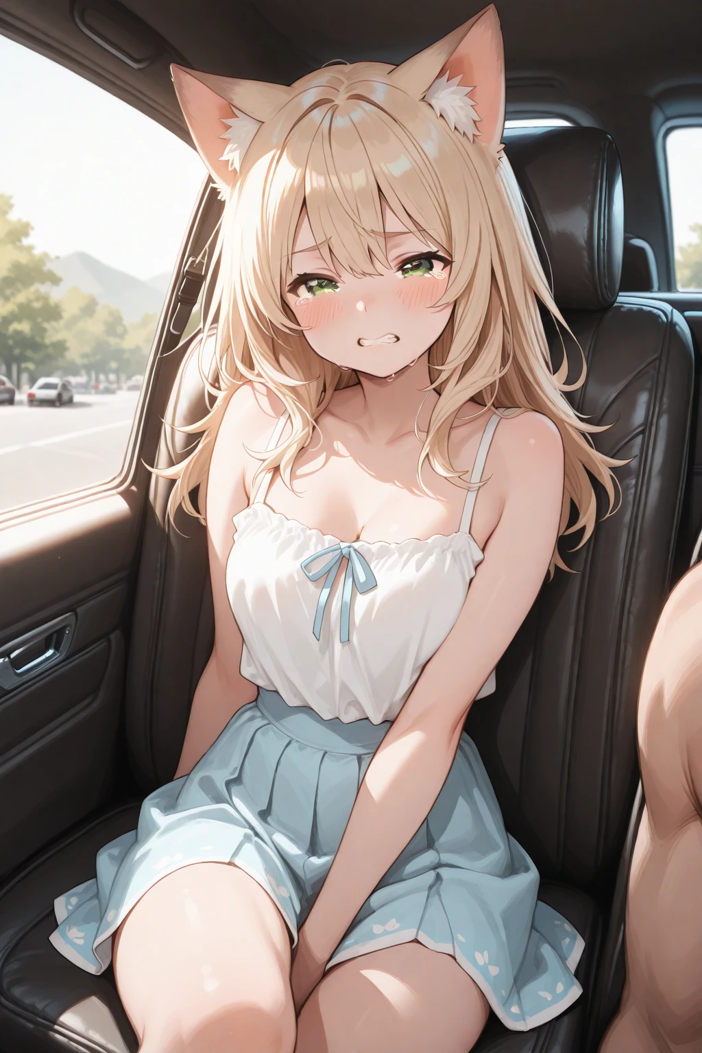 Gal、Wearing a seat belt、Large Breasts、White T-shirt、Her hair is blonde and silver、Face smiling happily、Around 25 years old、Anime style illustration long hair, 