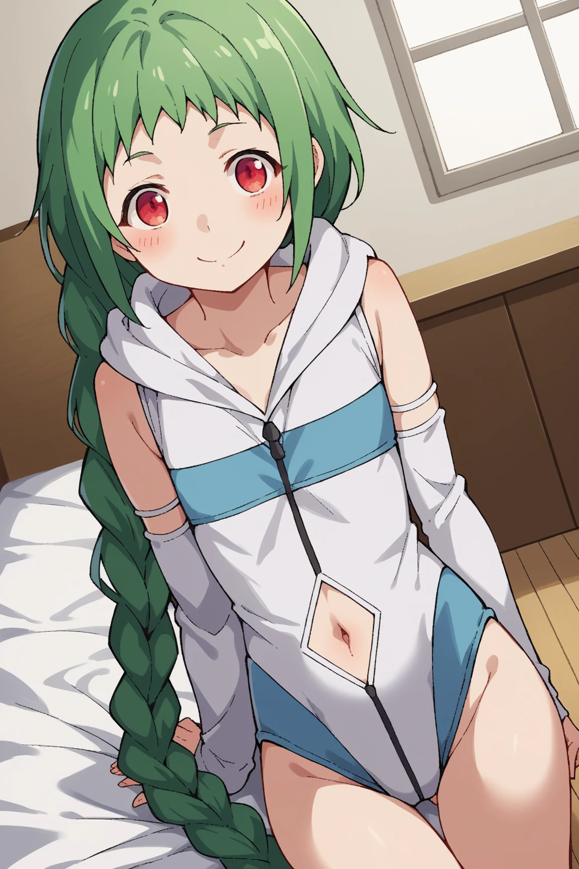 Long silver hair, green eyes, headband, necklace, flat chest, smile, happy, beautiful thighs, inside house