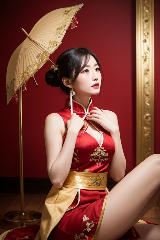 (8k、RAW Photos、Highest quality、masterpiece:1.2)、(Realistic、Realistic)、1 、((China dress:1.5、Thin legs、whole body、View from the front、smile、Looking into the camera、(pole dancing:1.2),squatting,open legs,arms behind head))、cute、Leg fetish erection images