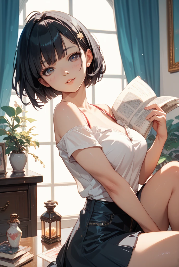 japan 1lady solo, /( black bra /), /(dark brown short hair/) bangs, blush light smile, (masterpiece best quality:1.2) delicate illustration ultra-detailed, large breasts BREAK /(living room indoors/) sitting on the sofa and reading a book.