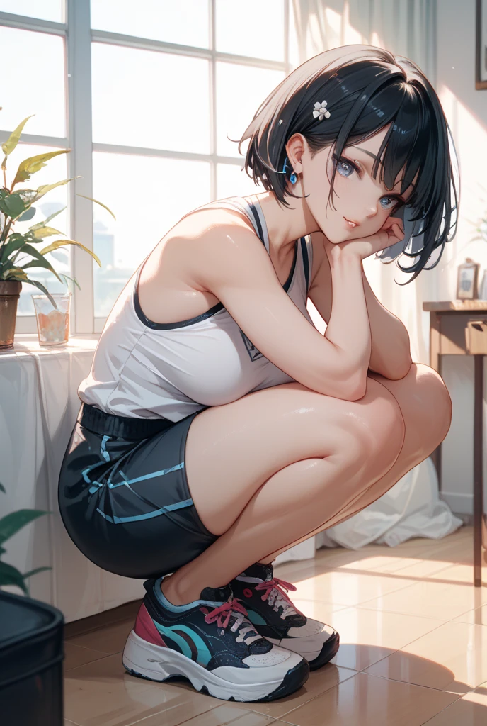 Cute high school girl sitting and crying、Are depressed、Many scars and bruises、Slender body、After a crushing defeat in a martial arts match、Sad look、sitting in the basement waiting room、Very sweaty、Short black hair、Poor body、Small breasts、Sports Bra、High leg shorts、Open Finger Gloves