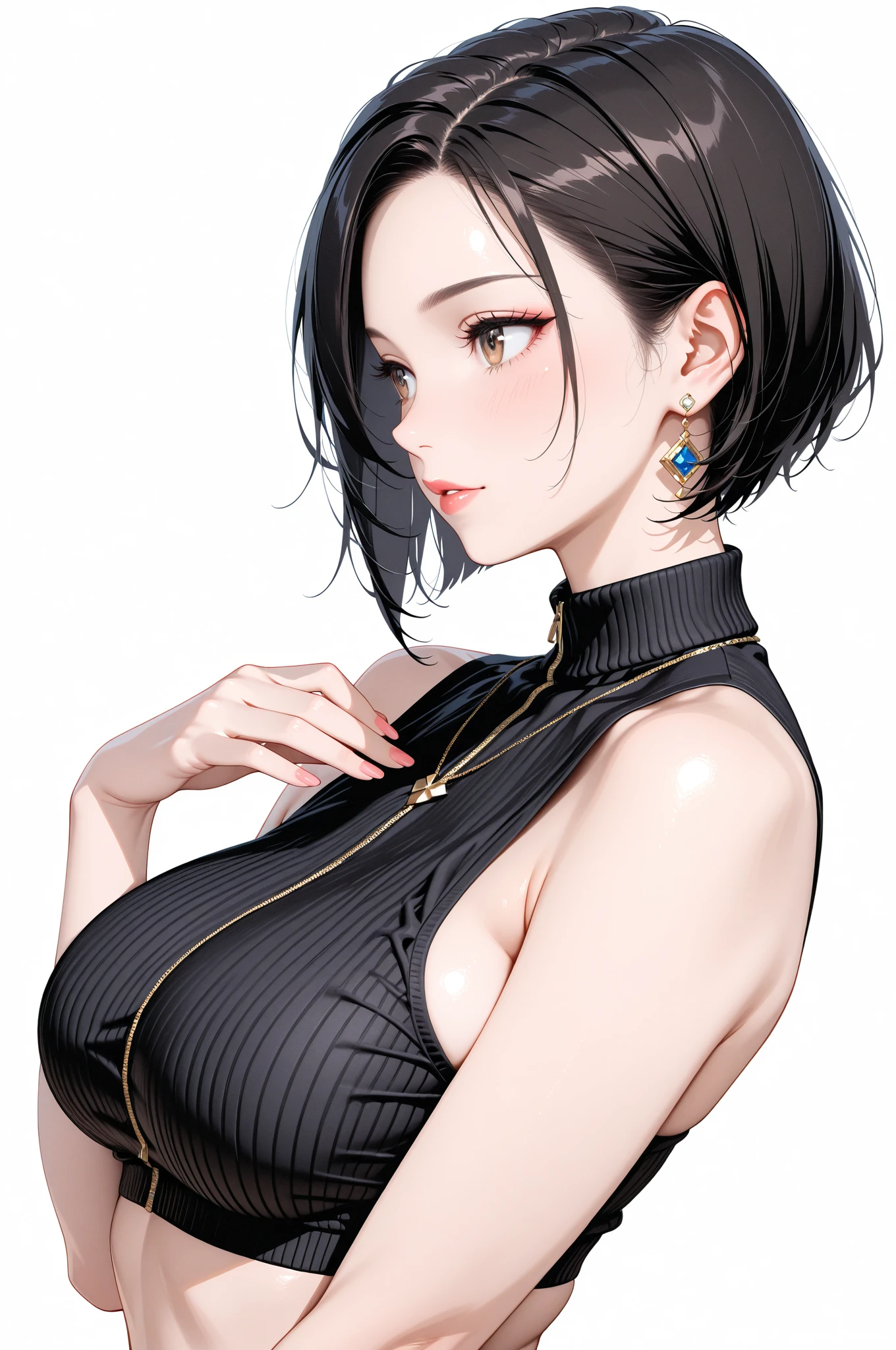 (masutepiece, Highest Quality), Beautiful and aesthetic, 1womanl, Idol, Elegant, (25 years old), Portrait, lightsmile, (North Reason Knit), Entire upper body, Simple background,