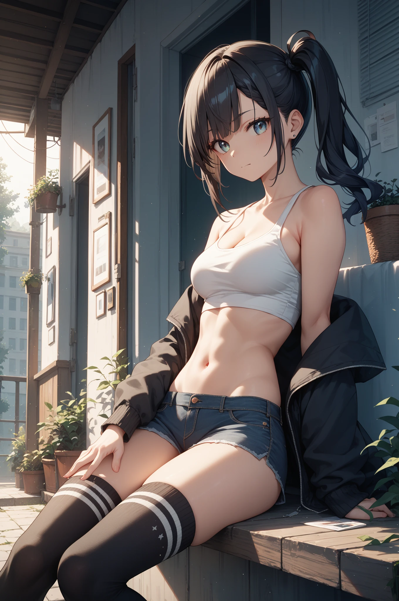 whole body, absurdres, RAW photo, extremely delicate and beautiful, masterpiece, Best Quality, ultra high resolution, 32k, hyperrealistic, ultra-detailed, detailed description, pale skin, 20 years old, detailed beautiful face and eyes, big tits, medium hair, black hair, tearful mole, earring, t-shirt, tank top, Hot Pants,