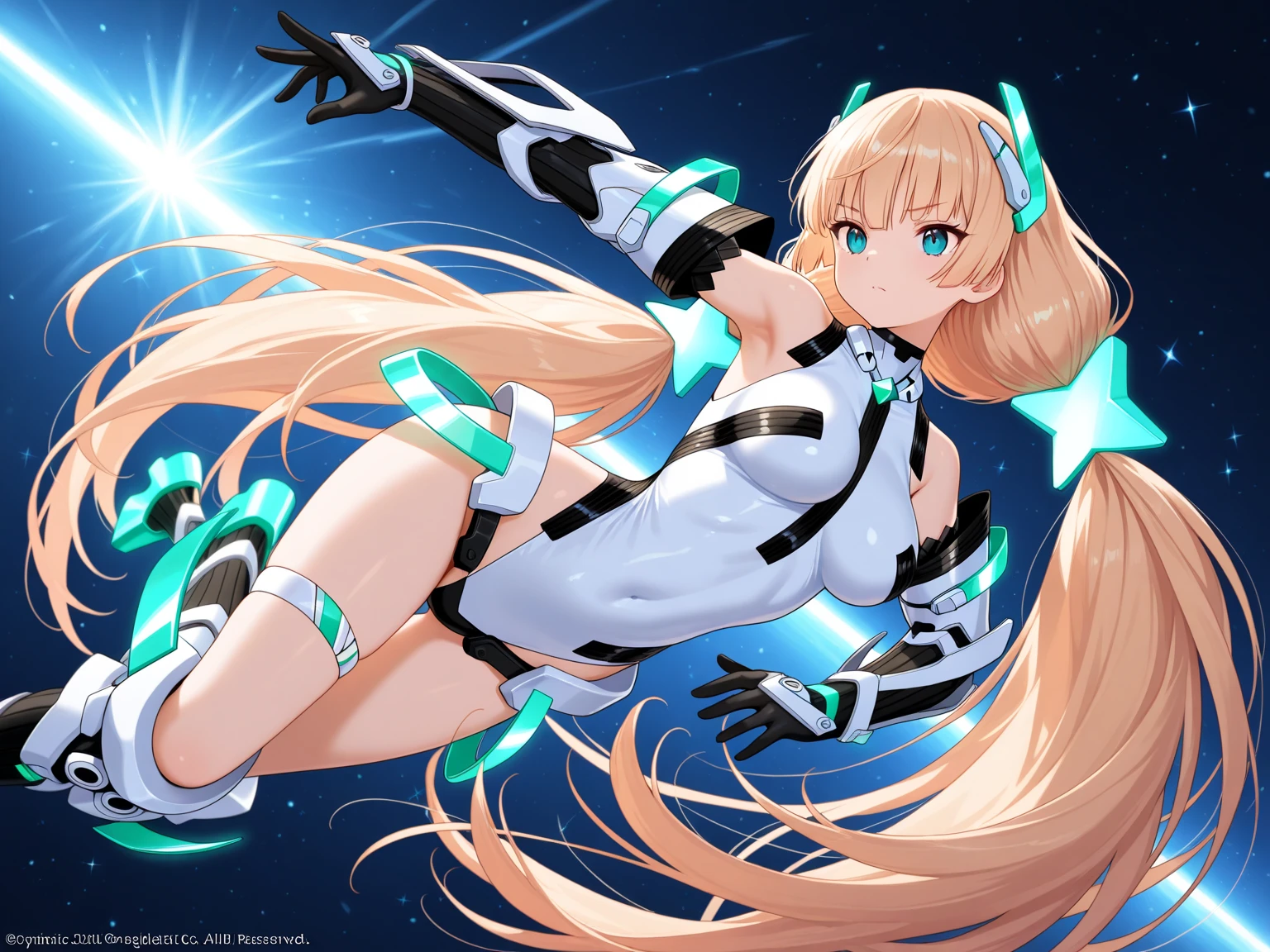 score_9, score_8_up, score_7_up, source_anime, rating explicit, absurdres, bedroom, frll body, 1girl, solo, angelabalzac, blonde hair, blue eyes, deva battle suit, thighs, bare shoulder, elbow gloves, headgear, long hair, low twintails, twintails, very long hair, smile, lying, on side, looking at viewer, masterpiece, best quality, very aesthetic, highly detailed, 8k,