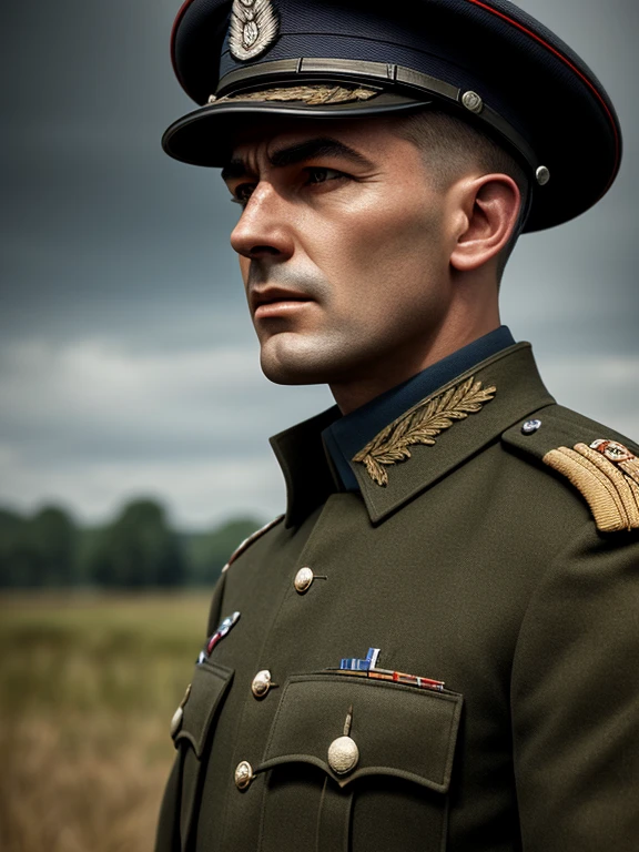 A German soldier with white and fair skin, a long nose, black hair, no beard, a sharp jaw, and eyebrows far from the eyes.