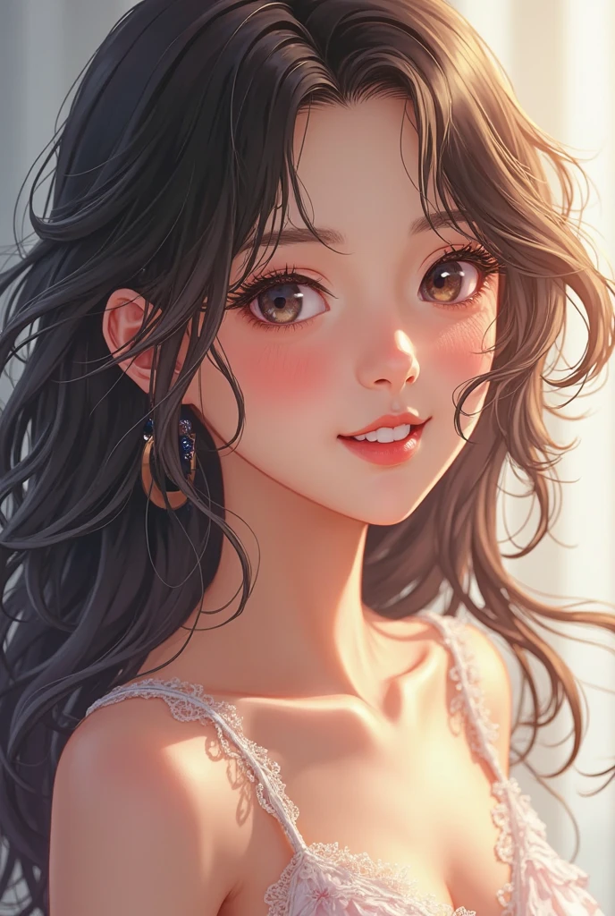 Highest quality, Face Focus, Soft Light, Ultra-high resolution, (Realistic:whole body), RAW Photos, 1 Japanese girl, alone, cute, Beautiful face in every detail, ((Firm and shapely C cup breasts)), (High resolution detail of human skin texture), (Wavy short hair), ((Neat bangs:1.5)), wear a black camisole, Nipples, On the bed、Lying down、((Both arms behind the head)), ((Small and beautiful pink areola)), (Portraiture)