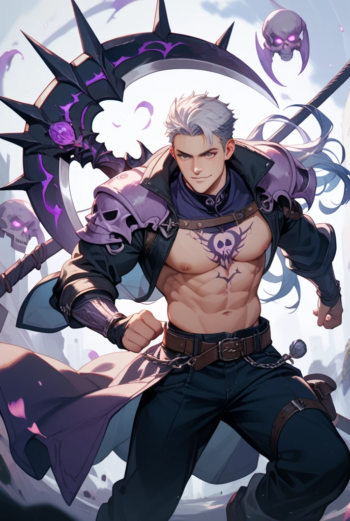aquatic creature, mermaid, oceanic skin, Patchy skin, scaly skin, prominent veins, dark veins, gray hair, black_circles under the eyes, colorless eyes, black_sclera, young_boy, warrior, armor, full cloth, smile, Sharp teeth, closed clothing, dark background ((Best quality))