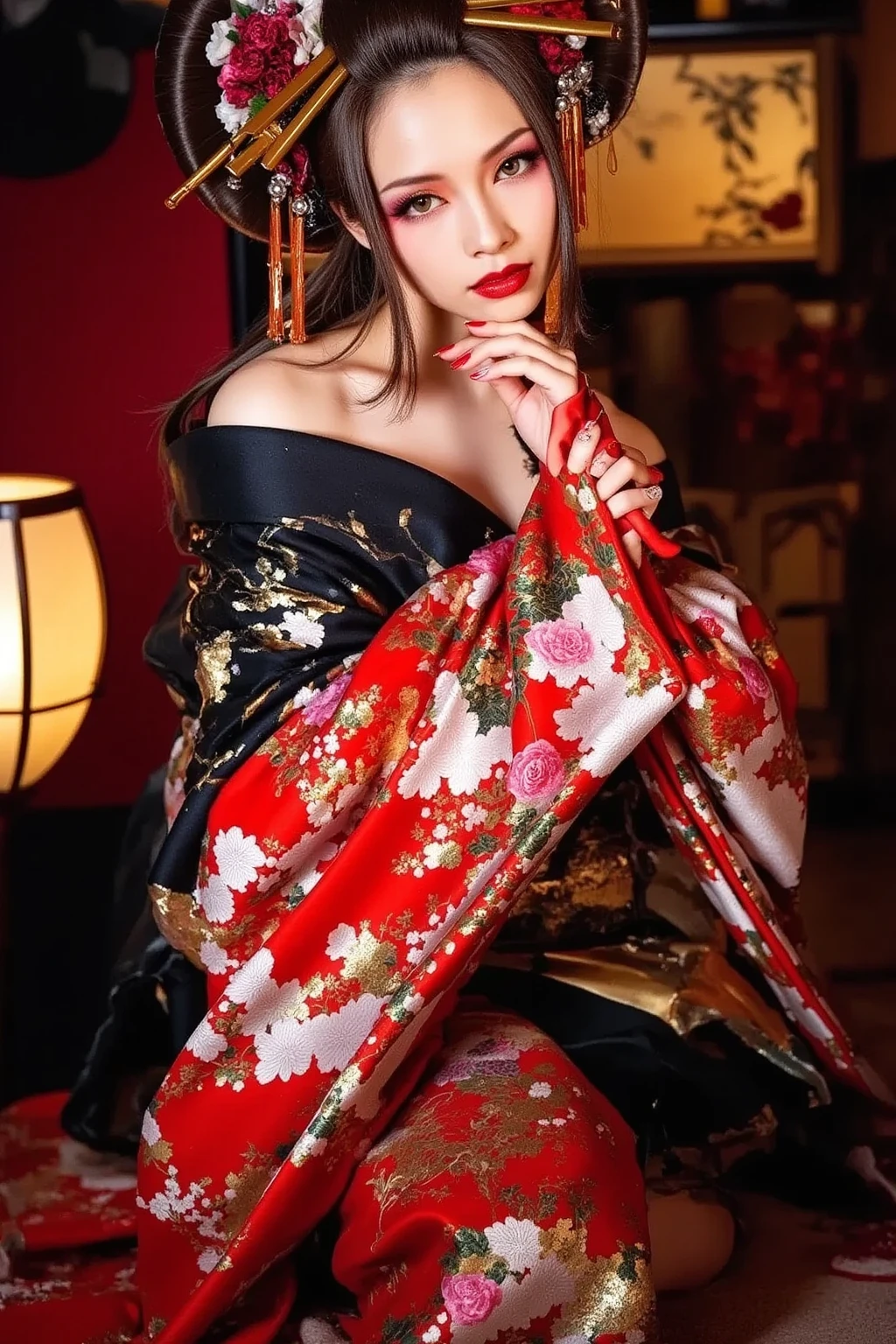 "Create a hyper-realistic and dramatic scene in 1080x1920 resolution featuring a traditional Japanese courtesan (Oiran) in a luxurious setting. The courtesan should be dressed in an elaborate kimono with intricate patterns, including red, gold, and black colors. She is posed gracefully, holding a red parasol, with a delicate and thoughtful expression on her face. Her hairstyle is ornate, adorned with traditional hairpins and flowers. The setting includes a richly decorated room with a soft, warm lighting that highlights the vibrant colors of her attire and the textures around her. Cherry blossom branches and a traditional red lantern add to the scene’s authentic and serene atmosphere. The overall mood should be elegant and mysterious, capturing the beauty and tradition of Japanese culture."