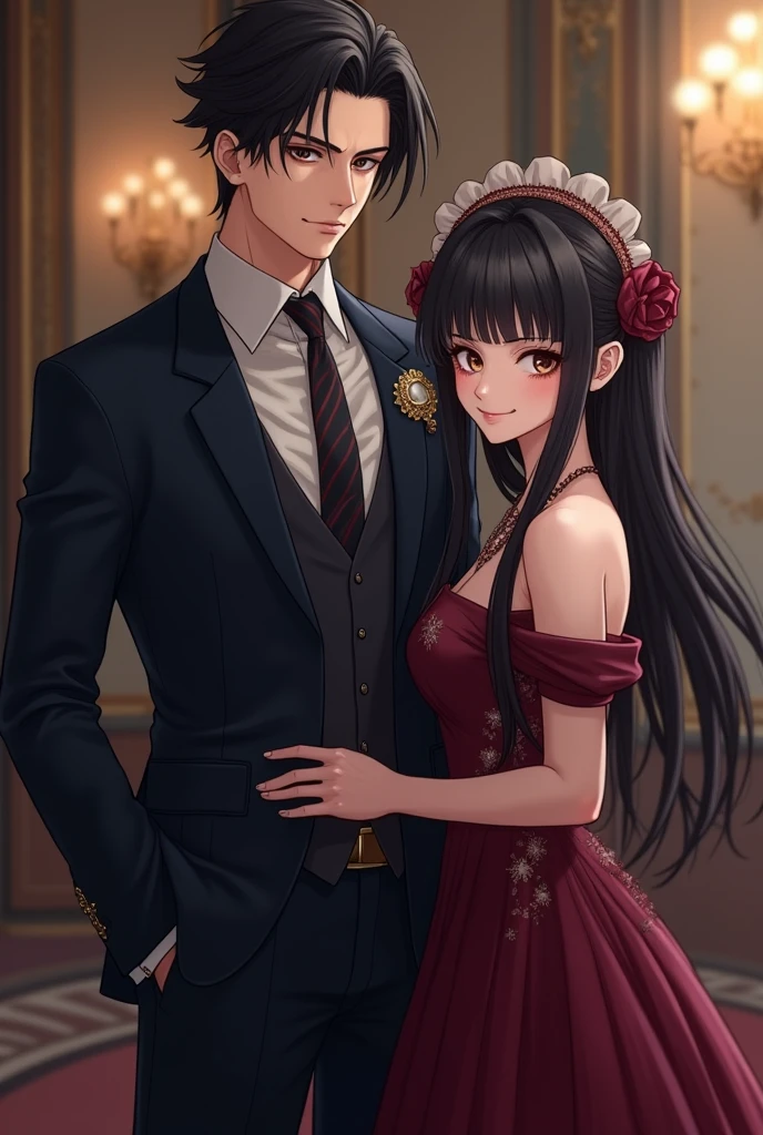 Imagine a handsome boy with black hair., dressed in an elegant black suit, already a beautiful girl with pink hair, wearing a beautiful dress of the same color. They are together, looking at the camera with radiant smiles. The boy has his right hand placed gently on the girl's waist, while she has her left hand resting on her right shoulder. They both look relaxed and comfortable with each other..., as if they were a couple in love. The image captures an intimate and special moment between them., full of affection and complicity.