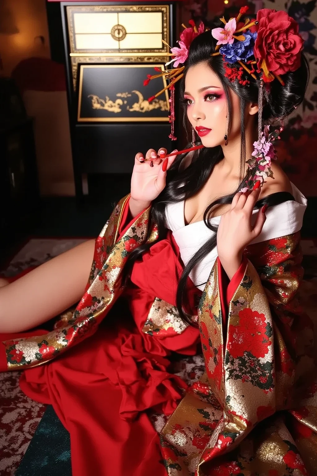 Masterpiece、Highest quality、Realistic photos、Thick Fog、A beautiful Japanese girl in a very elaborate red kimono、((((Holding a pure white skull))))、(((She spreads her legs to show her beautiful vagina)))、((Red background))