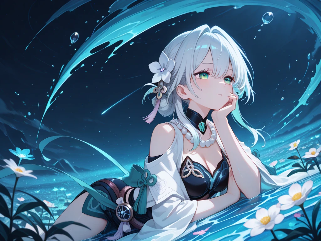 Swimming 1, Destiny Archetypes, Wow!, Bare shoulders, blue nullnull, vague, vague background, Split, null, Depth of written boundary, Gray Hair, Hair between the eyes, Hair Intake, Please raise your hand, Medium chest, belly button, outdoor activities, nullnull