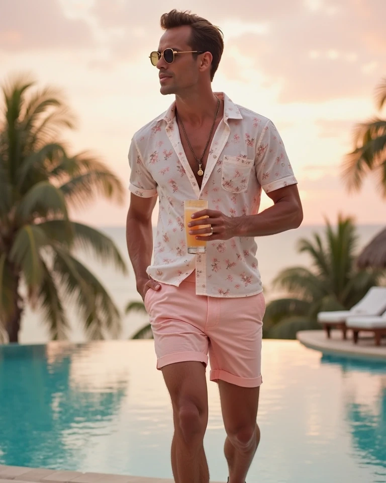 "The blonde man with blue eyes and a Hollywood star look stands confidently on the deck of a luxurious yacht, surrounded by women in bikinis enjoying the night. He is dressed in floral-patterned shorts, a crisp white shirt, a stylish bracelet, and white sneakers, with red sunglasses on his head. His well-defined face is illuminated by the soft glow of evening lights. The women are holding tropical drinks and having a good time, adding to the lively, glamorous atmosphere. The yacht is moored in a vibrant, paradise-like city, with neon lights and the city skyline reflecting off the water. The scene is captured with a high-resolution DSLR and a 50mm f/1.2 lens, highlighting the man’s presence and the colorful, energetic environment around him."
