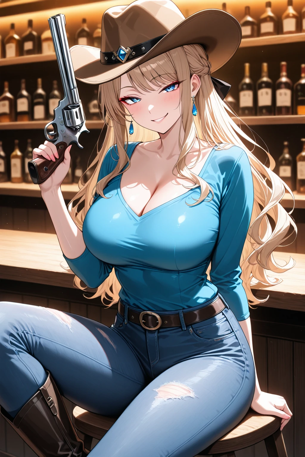  yumiif, choker, blonde hair, brown hair, multicolored hair, solo, 1girl, earrings, necklace, large breasts, long hair,, blush, lipstick, Hot girl, baddie, staring, glaring, bad attitude, mean girl, crazy, smoking, sensual, attractive, masterpiece,high quality,4k, bare shoulder,belly,crop top,holding pistol,cleavage,casual dress, bar
background, inside bar, indoor,smile, open mouth, (nsfw) not safe for work, evil expression, exposed
belly, exposed navel, exposed midriff, exposed lower belly, crop top overhang, underboob,jacket,
unbuttoned jeans , low rise black jeans, Low rise jeans, Low rise jeans with open fly