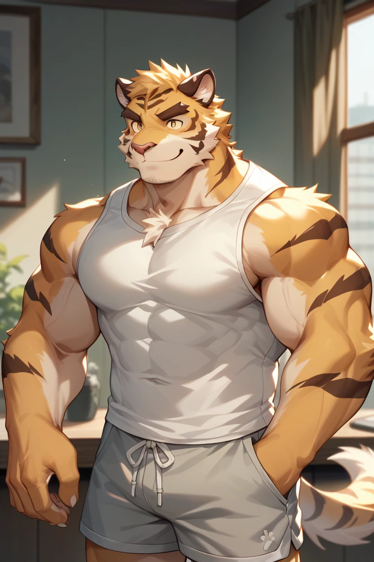 Tiger-type orcs, tall and big、Be athletic, Physical Education student, Sunny and handsome, Camera on white round table, Simple background, White Wall, Dappled Light, Natural light, Interior Rendering, XGIMI, Clear details, realism, Rendering, Nikon, C4D, 3DMAX, Redshift Rendering, Corona Rendering, Behavior --ar 1:2 --C 10, nude, Fingers crossed, Shy, estrus