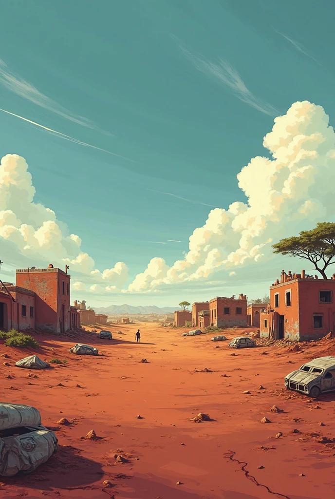 caravan leaves a ruined modern city, desert, scorching sun