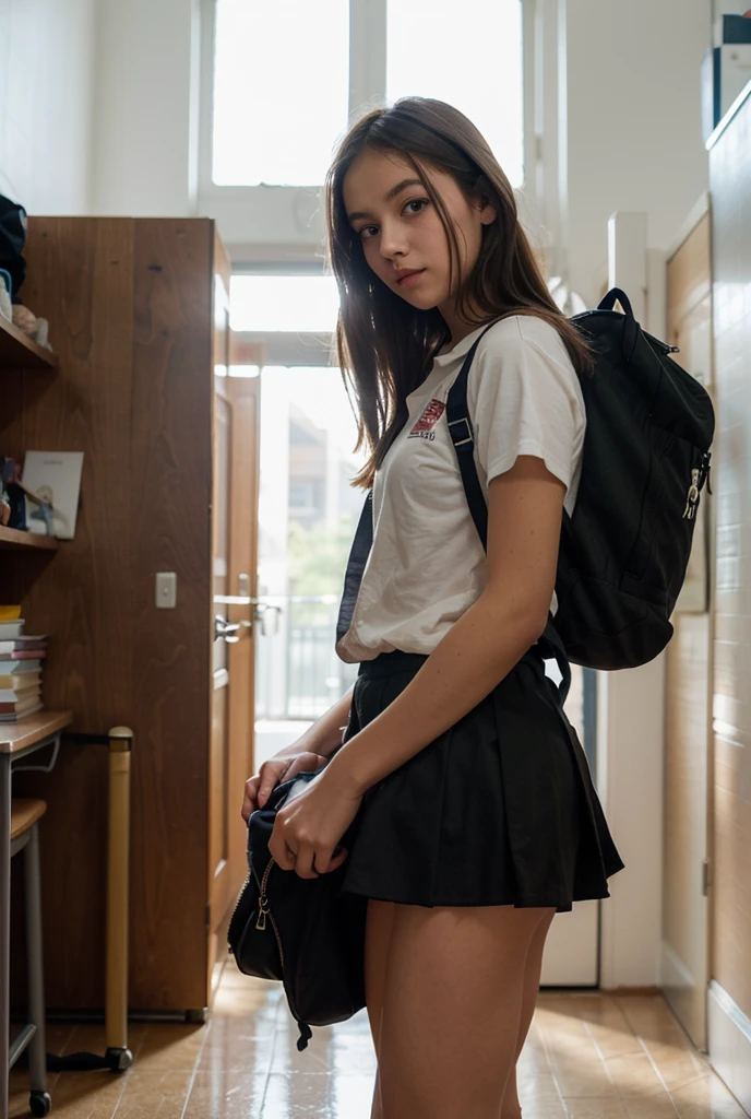 masterpiece, best quality, high resolution, beautiful , slim teen schoolgirl with pink backpack on her back, climbing the stairs, wearing a mini pleated gray skirt, schoolgirl skirt, showing her ass, no thong, camera from bottom up, young teen beautiful, wind lifts skirt, camera down to up. ( GREY PLEATED SKIRT)