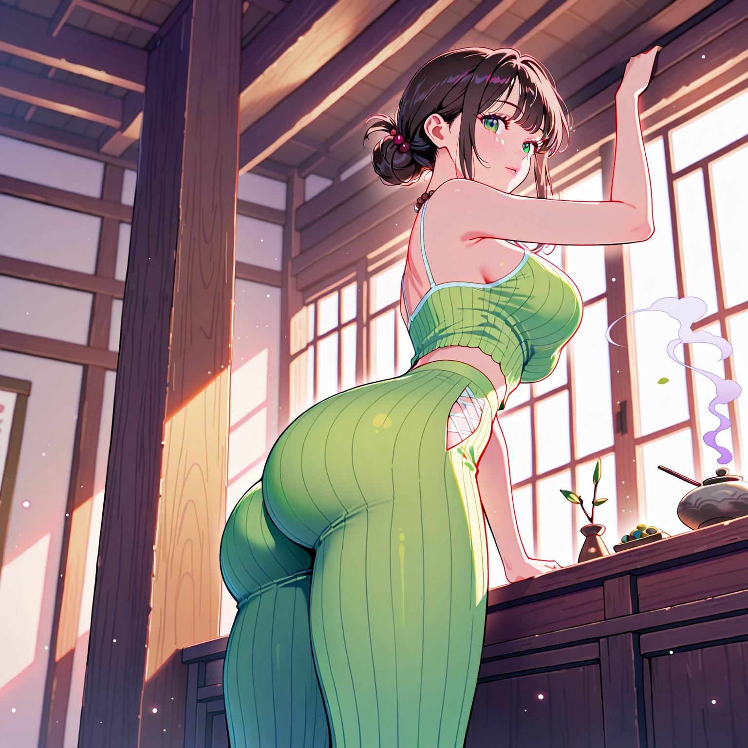 (melhor qualidade:1.3), (qualidade 4K), toph por avatar, ((Rosto detalhado)),((sorrir)), ((body curvy)), (peitos grandes), clivagem, sexy, ((sala de aula)), (((big, curvy peito))), ((lingerie verde fio dental) )It is, na barriga, Mentindo, from behind, AFB-lora, coxas grossas, 1 garota, Sozinho, travesseiro, olhando para o espectador, looking back, ((obra de arte, melhor qualidade)), absurdos, high resolution, Correia, HM2B, toupeira sob a boca,