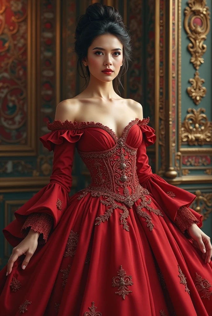 (meilleure qualité,Ultra-détaillé:1.2),photoréaliste:1.37,portrait,schéma de couleurs rouge et noir,Éclairage doux,fond de jardin de minuit,texture brillante,style magazine de mode haut de gamme,Expression audacieuse et confiante,cheveux flottants,posant contre un mur de pierre,debout sur un lit de roses,détails en dentelle sur le col,décolleté légèrement révélateur,motifs de dentelle délicats sur la robe,accents de bijoux éclatants,collier et boucles d&#39;oreilles en diamants étincelants,rouge à lèvres rouge dramatique,eye-liner précis et séduisant,des yeux magnifiquement formés avec de longs cils luxuriants,blush subtil sur les joues,Atmosphère séduisante et mystérieuse