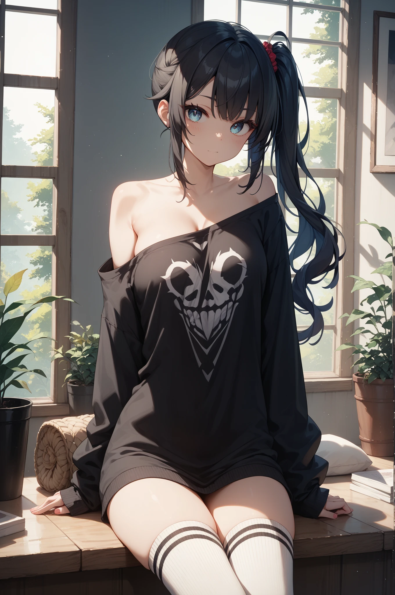 Realistic and detailed image of an elf. Dressed in a Cardigan coat and baggy shirt. Denim mini shorts. Long, silky black hair and long eyelashes. Large breasts, slim waist, very wide hips and thick thighs. Smiling. Back arched. Posing sensually. Day of the dead. Mexico. Volumetric light. Ambient light.