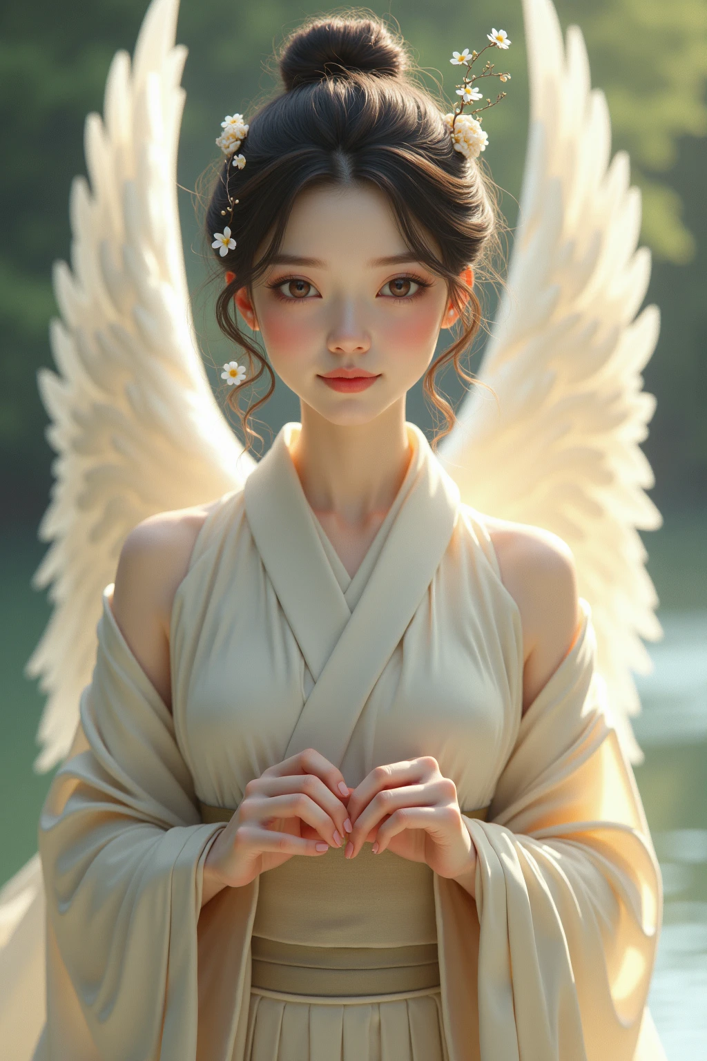 (Angel wings、😇、a smile、😌🥰Archaic Smile).hyper realstic、Ultra-realistic、Depiction of the human body without distortion、Monna Lisa、Woman in the Arms、Near and far law、Three-dimensional、Contemporary painting、moderno、world masterpiece、collection、Homage to the art or artist work of Picasso and Renoir, Not sentimental、Excellent portrayal、Gentle expression、More detailed character faces, Serious competition、Compositions like paintings、(Konmutsuki_Gacha_Series 1, punk_rosette), Realistic、Delicate brushwork、aqua color flowers, (Full body, elegant flowers background)