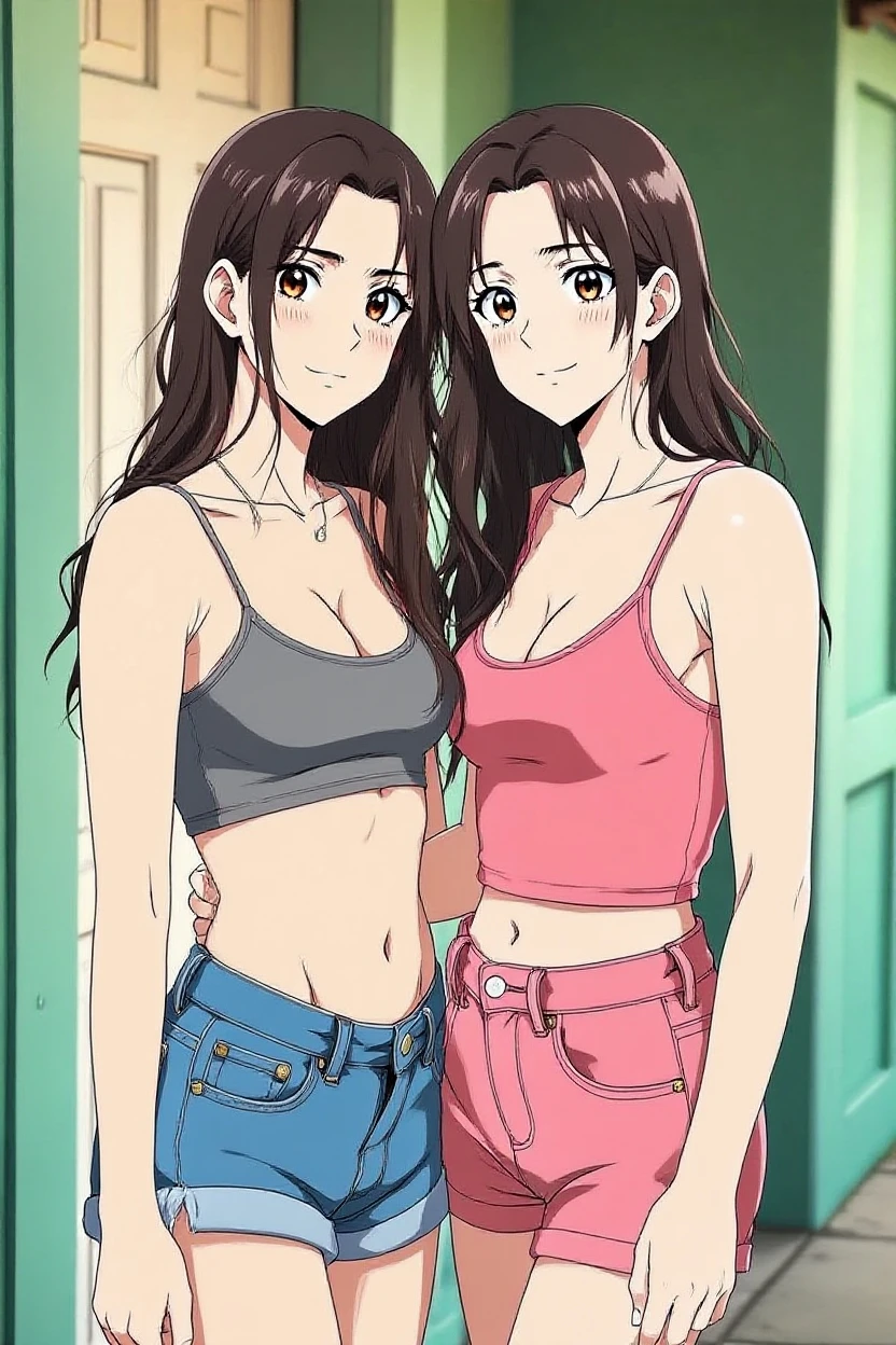 (masterpiece),(ultra-detailed), (high quality), (high resolution), (best quality:1.5, highres, UHD), highres, absurdo, ultra detail, ultra quality, Ultra resolution, 16k, 1girl, (2heads:1.5), girl with two heads, ((brown hair:1.5)), ((black hair:1.5)), ((different hair colors:1.5)), seductive grin, (purple tattered denim jeans), casual dress, sexy proportions, (exposed midriff), thighs, Beautiful girl with accentuated slender abs, ((seductive posture)), black tank top, ((different hairstyles)), different haircuts, (long hair), ice blue eyes, 