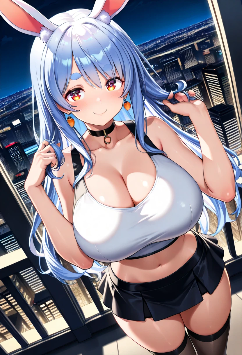 (masterpiece, best quality), intricate complex details, very detailed, high quality, highly detailed, (((1girl, solo))), make up, blushing, ((beautiful eyes, perfect face)), looking at viewer, ((giant sagging breasts, wide hips, mature female, milf, skindentation, voluptuous)), ((sharp eyelashes, beautiful blue eyes, white hair, very long hair, bangs)), ((halo, light wings, choker, necklace, hair ornaments, hair accessories, earrings)), ((micro bikini, robot joints)), alluring smile, (((erotic pose, standing, close-up))), (((futuristic city))),