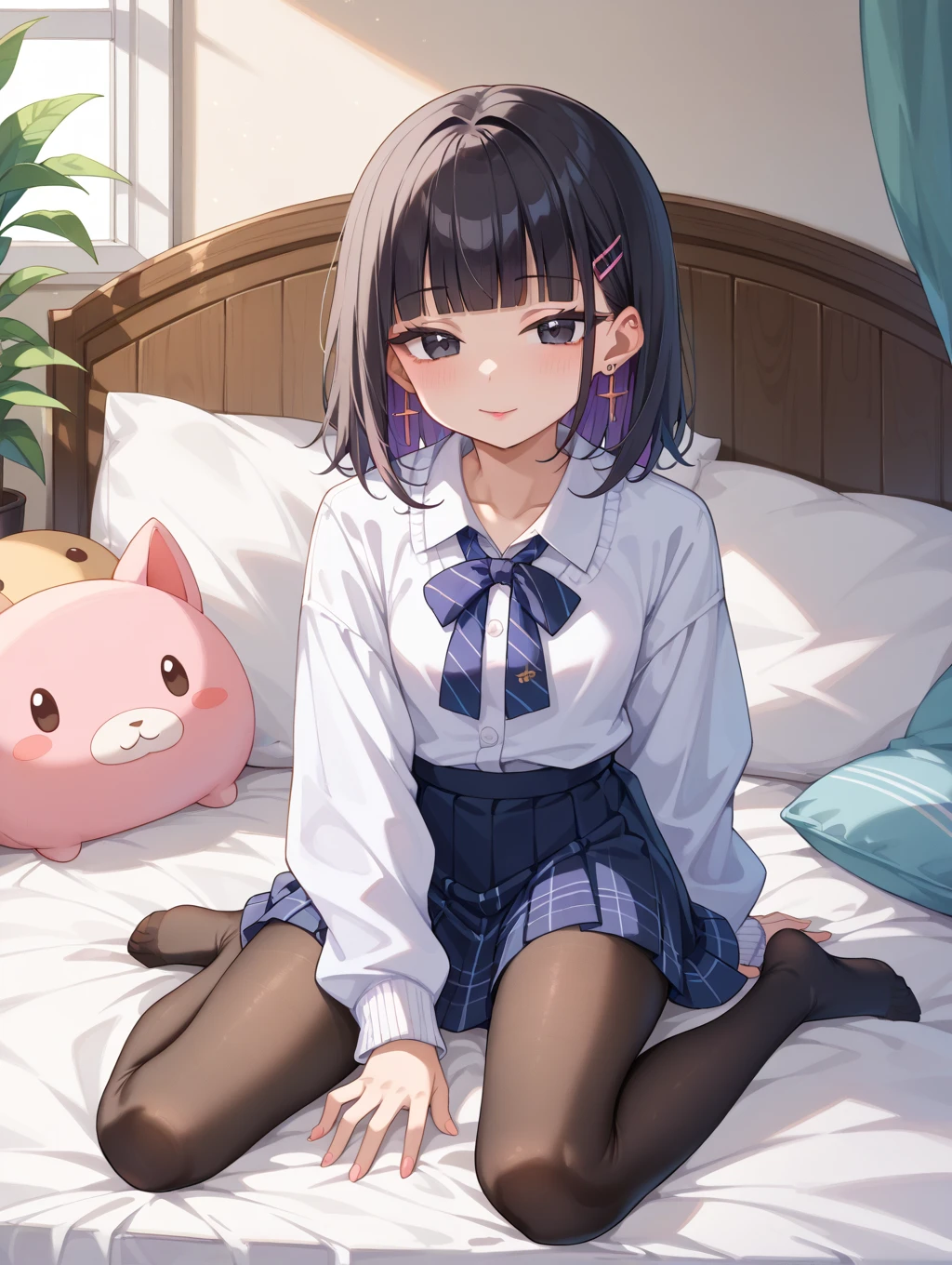 1girl, Green Eyes, Grey Hair, hair ornaments, Animal ears, Small breasts,uniform,Navy Blue Blazer,White shirt,Pink ribbon,Grey Skirt,No underwear,{{1boy,cunnilingus}},