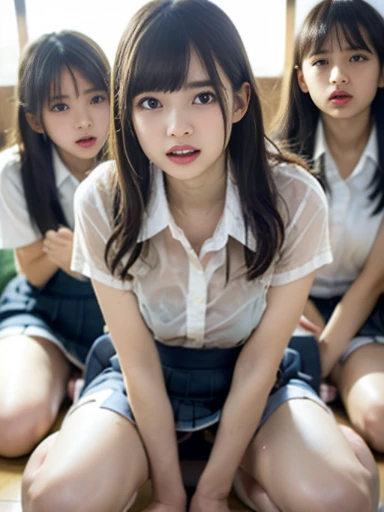 masterpiece、top-quality、full body Esbian、lesbian、bangss、2girls、lilies、Lesbian kiss、the kiss、(Dark hair)、straight haired、hug、cleavage of the breast、Plump breasts、Navy blue sailor suit、Pleated miniskirt、micromini、Panchira、