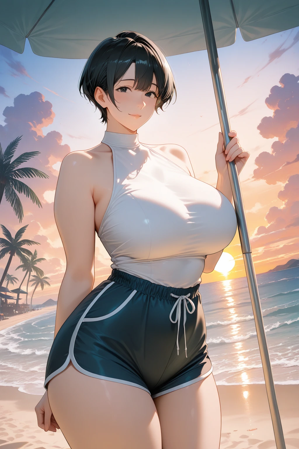 ((top-quality、8K,masterpiece:1.3))、foco nítido:1.2、(Beautiful woman with perfect body shape:1.4),A slight smil,silber hair、 (abdominals:1.2),((huge-breasted:1.4))、(Sway Back Stance:1.3),Kanzashi、(rubbersuit:1.2),umbrellas、wine bottle、in poolside、Highly detailed facial and skin texture、A detailed eye、二重まぶた、(Huge breasts:1.3),(Big ass),(thick thight:1.3),looking happy smile,(Brown skin tone:1.4),(skin tanned:1.4)、5Fingered hand