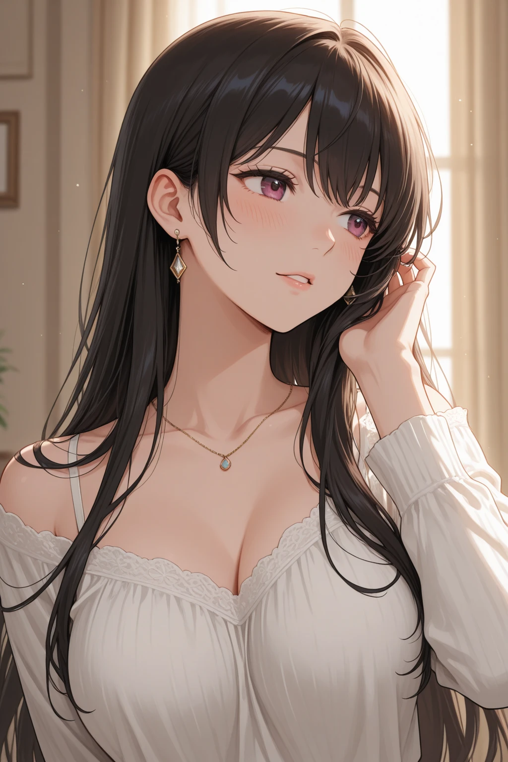 Detailed CG, Ultra-fine illustrations,masterpiece,highest quality, AW Photos,Realistic,Upper Body,BREAK(White Off Shoulder Blouse:1.5)BREAK,(Pale skin:1.2),Shiny skin Shiny Hair,(A 26-year-old woman with straight hair and bangs)and(Medium Hair)and(Black Hair)and(Purple eyes),(wide-eyed:1.3)and(Open mouth),(hand on own chest),(Biologically correct5Fingesurprised)and(missing fingers),The background is inside a coffee shop,alone,dynamic pose,side angle,upper body