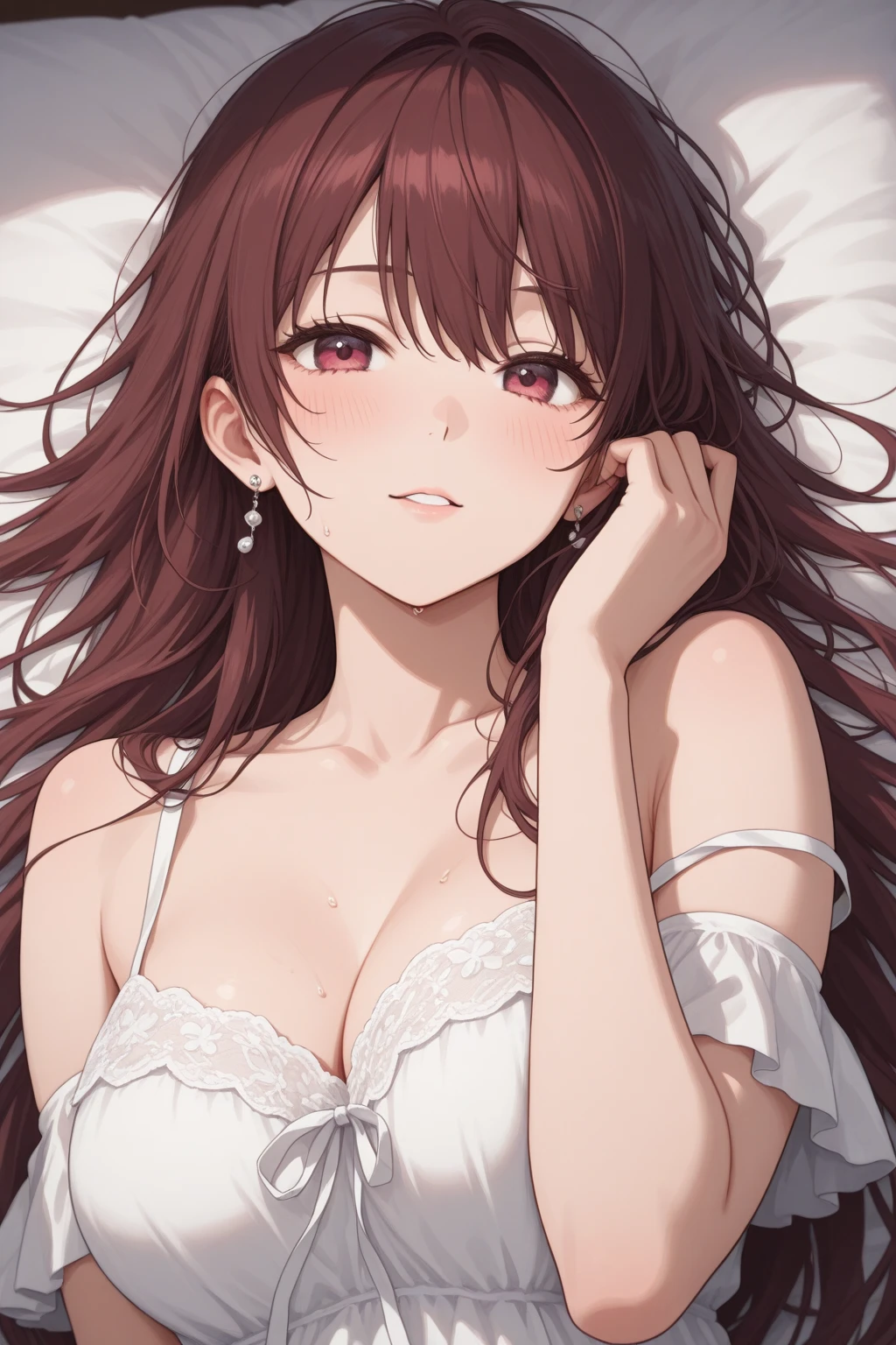 lingerie rouge, jolie femme, 22 ans, fine, sur un lit