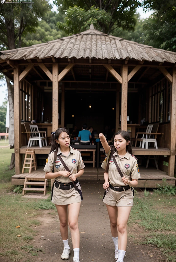Young sweet beautiful Indonesian girl, 18 years old, slim body, georgeus face, beautiful small breasts, wearing white dirty short hijab to covering all her hairs, a senior smart indonesian scout trainer at camping aream a strong and humble girl, wearing very dirt long sleeve all unbuttoned indonesian scout jacket, there is a red cross badge on her pocket, wearing black sport shoes, very realistic, very detail face, no cartoon, all good fingers have normal shape, normal legs shape, standing limp opened wide legs at in camping zone, sun shining to her body, vagina and breast are exposed and visible, sweat on all her skins, many sweat flowing on her redish exhausted face, enjoying her jobs, exhausted eyes, very exhausted face, her dark hairy vagina exposed, very dense hairs under her stomach are visible, no bra, no panty, no underwear, nude, she is forget to get dress,