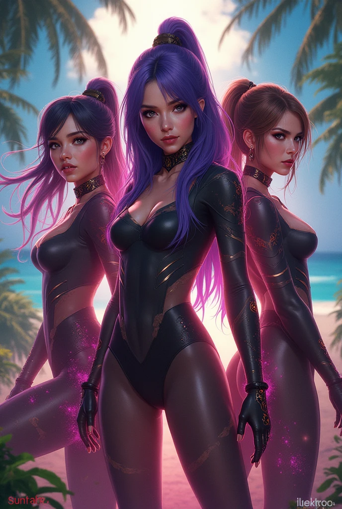 ninjartist  eclipse lunar　A Mata　Facas　cabelos pretos longos cabelo rabo de cavalo　olhos amarelos　Mulheres Bonitas   (NSFW:1.0)       young girls, medium breasts, tiny waist, very little nipples, sexy look, super sexy pretty face, 18 yo, goddess, sexy freckles, 3 naked girls flashing boobs in show, 3 girls poster