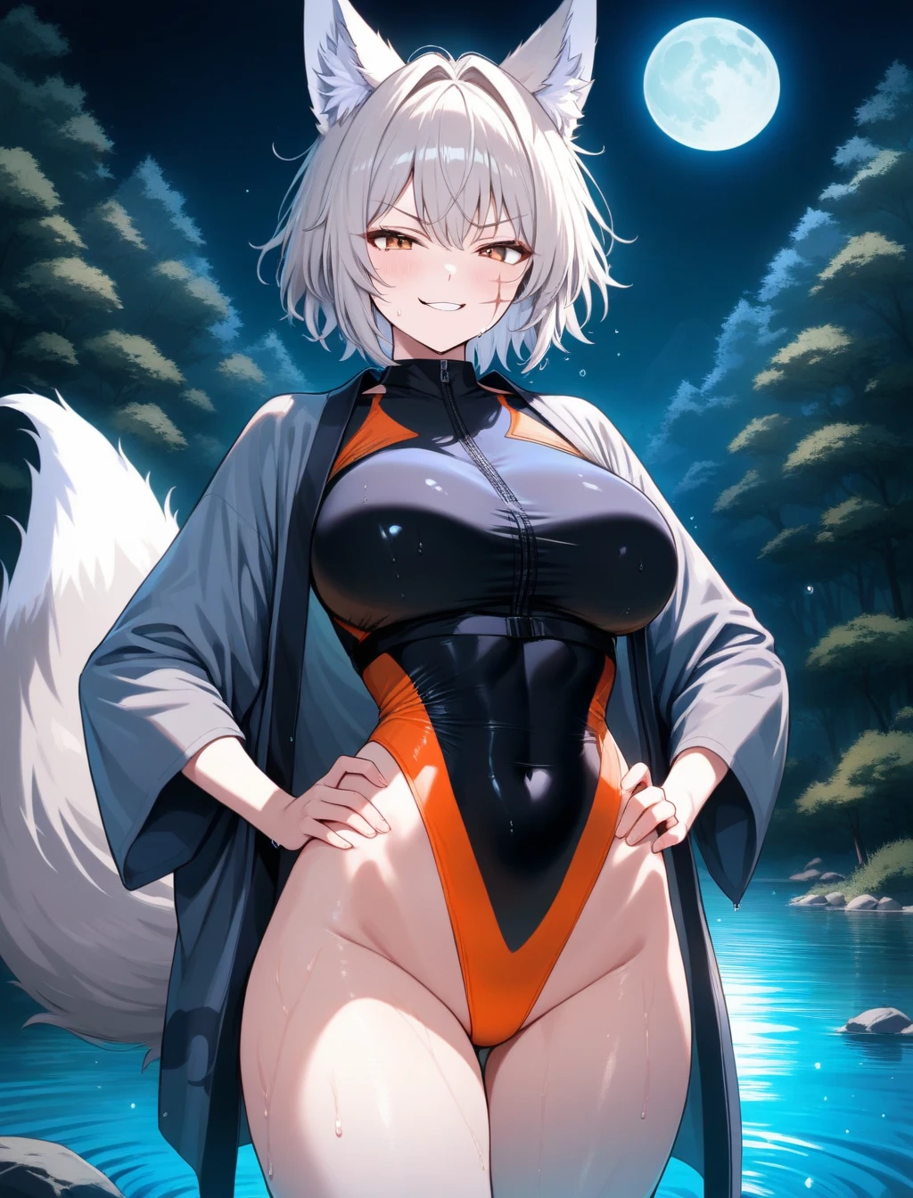 Beautiful white Kitsune, yellow eyes, highly detailed face, highly detailed eyes, big breasts, sexy figure, mature woman, several white kitsune tails, soft long white Kitsune ears, You rule a lake, a huge blue moon in the sky reflecting in the water, The forest would be burning flames blue, full of charred corpses,With a terrifying look smiling, the eyes would glow yellow,Very detailed face and eyes, Wearing blue and yellow Race Suit