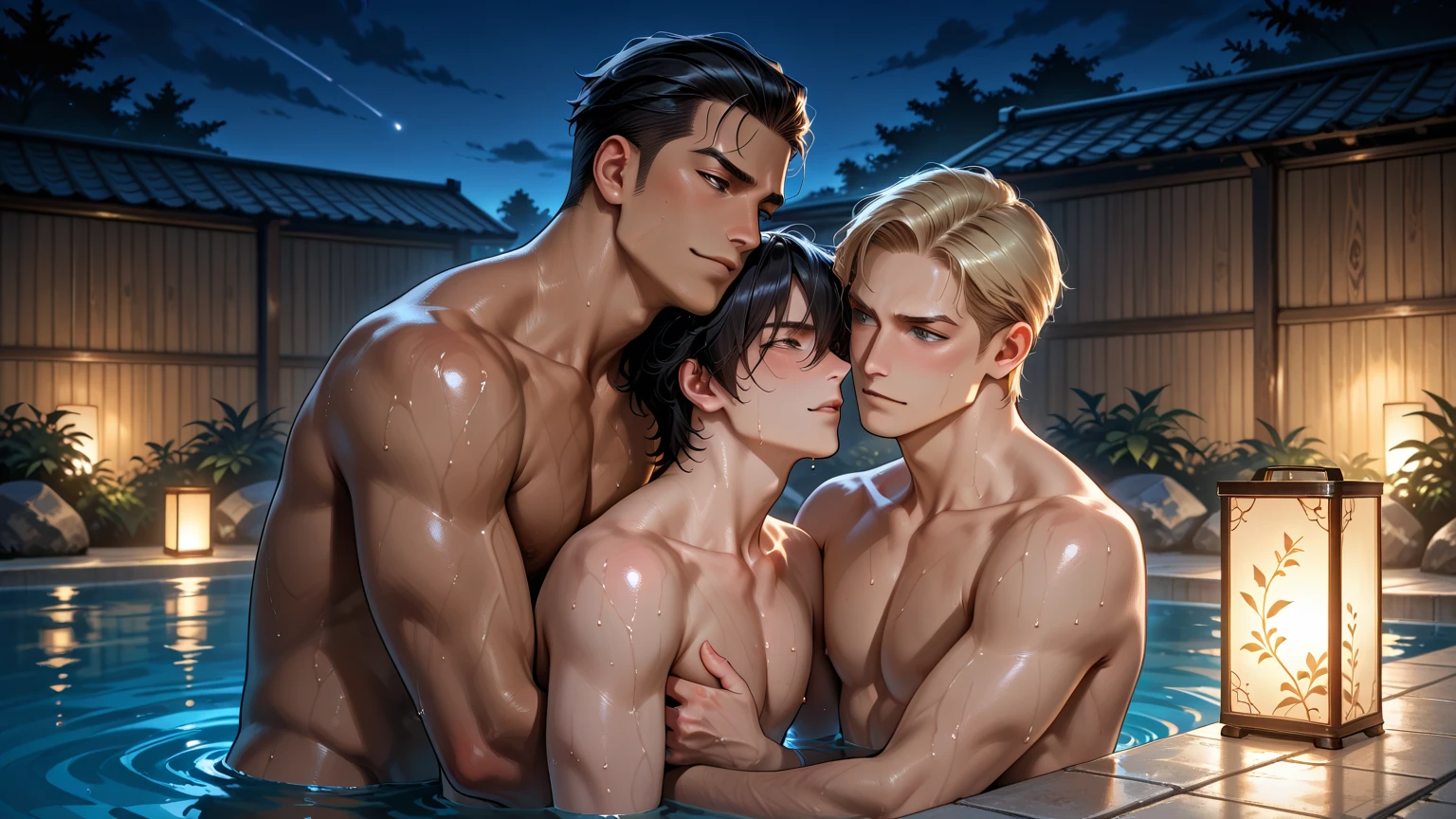 Moonlit hot springs, Couple of 18 year old boy and 30 year old man, Have sex.boy grabbed by the butt, kissing mouth. poured excess sperm into the body, eyes of ecstasy. Very short black hair, blush, Vulgarity, Arms up, clinging to a man, Heavy breathing, Spread legs, (flat chest), Wet body, completely naked body:1.3, ((masutepiece, Best Quality)), Realistic, (2male)