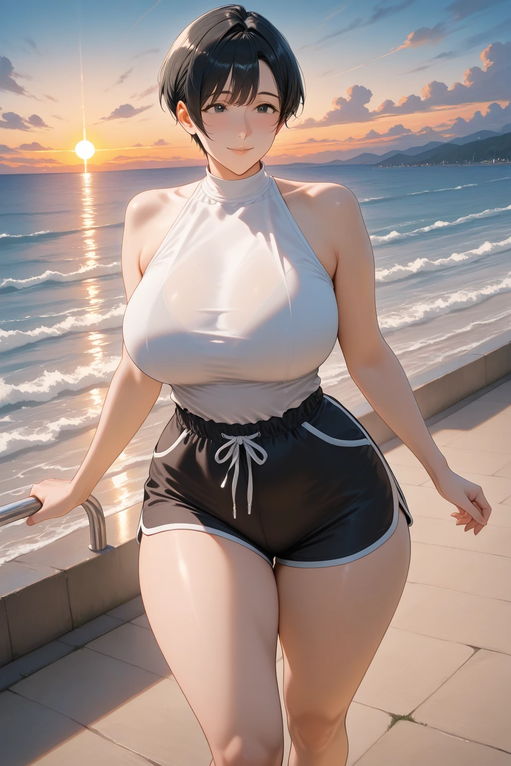 1 female,35 years old,Slim,Very large ,Large target breasts and thin waist,Long legs,White skin,Red lips, 1 female,35 years old,Large target breasts and thin waist,Slim,Large target ,(background:,Coconut trees and sea,Beach,summer) She has short purple hair.,curly hair from front, Straight Hair, partly cloudy,(((masterpiece),(Highly detailed CG Unity 8k wallpaper),best quality,Movie Lighting,細緻的background,Beautiful and delicate eyes,black eyes,(Very delicate and beautiful),(Beautiful and detailed description of the eyes),Ultra Detailed,masterpiece,)),Facing the camera,high resolution,Ultra Detailed),Exposing breasts,Exposing genitals, Convex,Legs open,Convex起性感,Camel toe,High School Students(wear:,Sailor Suit,Knee socks)