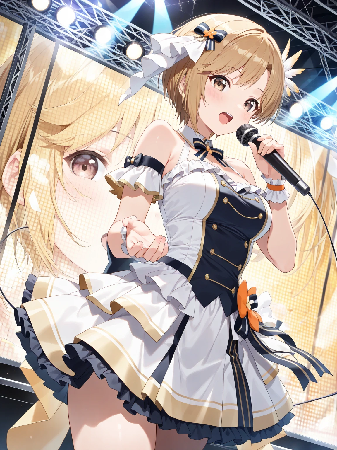 High resolution, highest quality,  super high quality, super detailed, cinematic lighting、full of sweat、sweating、blonde、Singing idol girl、small breasts、A big smile、sunny day、outdoor stage、Take-out、