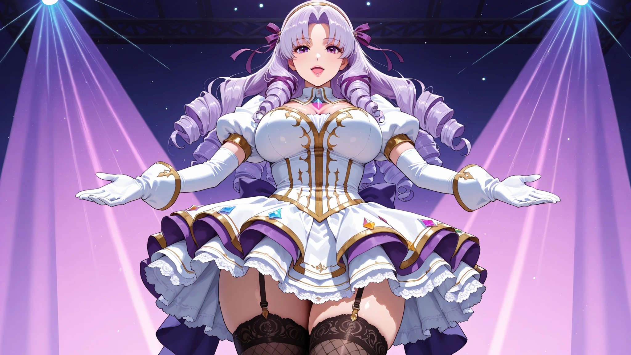 Fisheye Lens、Plump thighs、Super huge breasts、looking at the camera、Embarrassed、Highest quality、All limbs、Full Finger、Slender beauty、Straight hair、Brown Hair、your、green, White and purple idol costume、White panties、Knee-high socks、Beautiful big 、Live Stage、sing、Dancing、Big smile